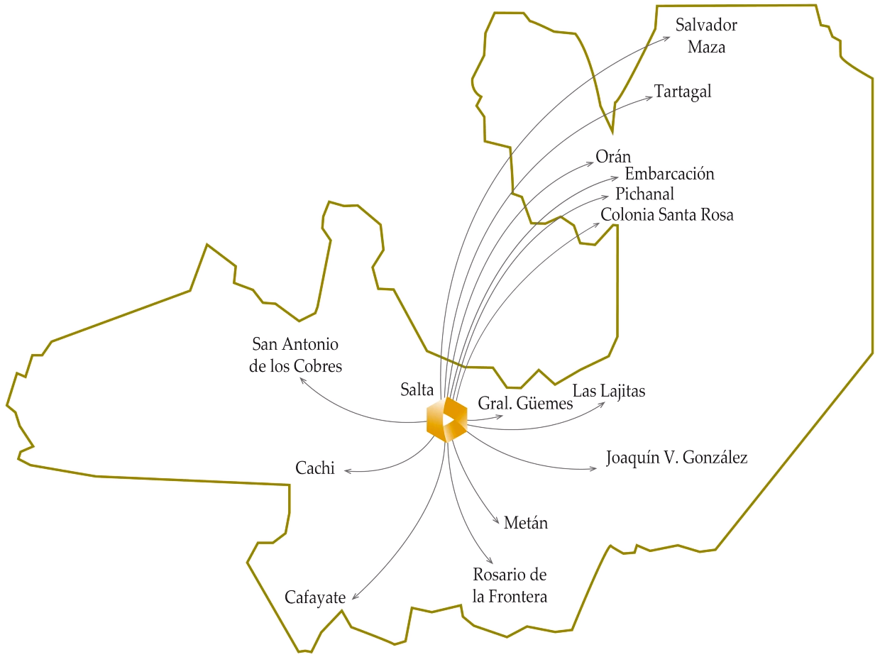Mapa de cobertura de Pieve Sepelios en la provincia de Salta: Salta capital, Salvador Maza, Tartagal, Orán, Embarcación, Pichanal, Colonia Santa Rosa, San Antonio de los Cobres, General Güemes, Las Lajitas, Joaquín V. González, Cachi, Metán, Rosario de la Frontera y Cafayate.